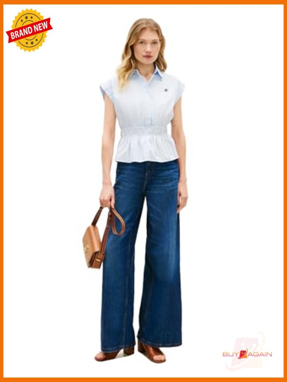 Sleeveless Cotton Button Down Shirt Smocked Waist Peplum Top - Picture 3 of 6